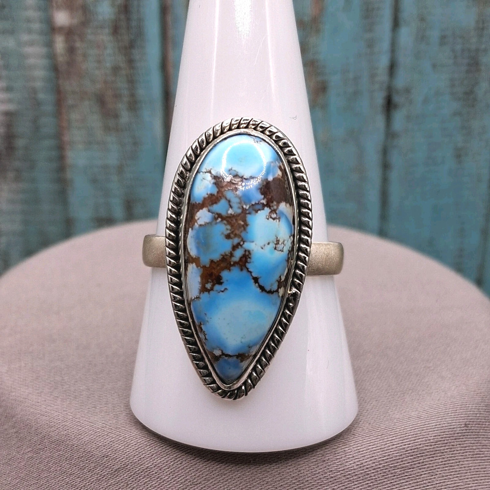 Southwestern Golden Hill Turquoise Ring Size 10 Teardrop Shape Sterling Silver